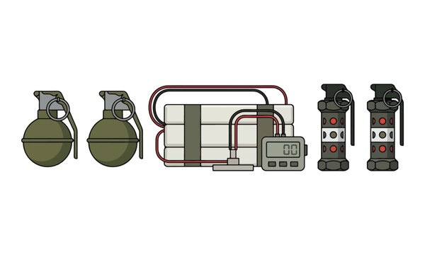 Military explosives set with grenades and digital timer bomb