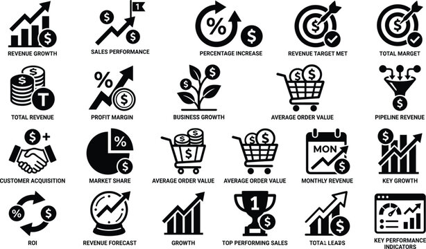 Business analytics and financial performance icons set showing growth charts, revenue targets, profit margins, and key performance indicators for corporate strategy