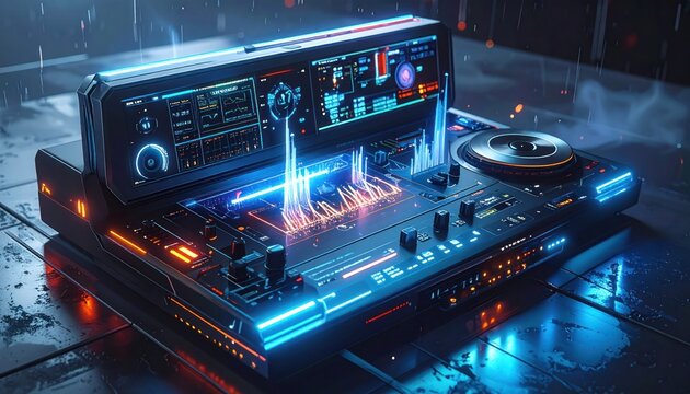 Futuristic DJ Turntable with Neon Lights and Digital Display