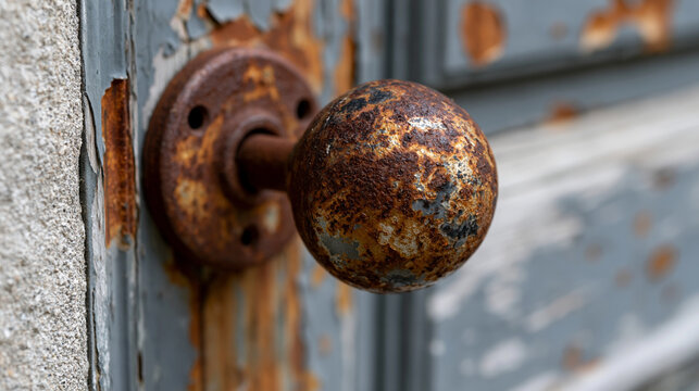 Rusty metal door knob creating a strong visual texture contrast against peeling gray paint on an aged wooden door, symbolizing decay, abandonment, and the passage of time