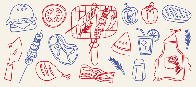 Barbecue cookout party outline doodle vector illustration set, red and blue line art burger, meat skewer, apron, bacon, and knife sketch elements for backyard bbq menu and restaurant graphic