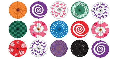 Colorful Decorative Paper Umbrella Set Vector Illustration Traditional Asian Parasol Collection, © kamdesign