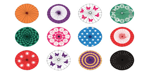 Colorful Decorative Paper Umbrella Set Vector Illustration Traditional Asian Parasol Collection, © kamdesign