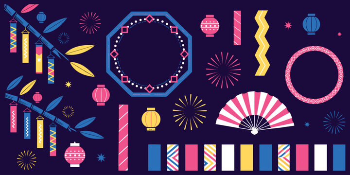 Japanese Festival Decorative Elements Vector Set with Lantern, Fan and Fireworks,