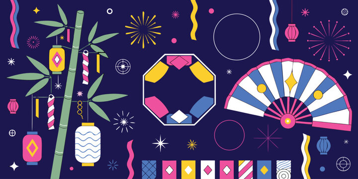 Japanese Festival Decorative Elements Vector Set with Lantern, Fan and Fireworks,