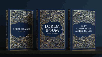 Set of three luxury vintage book covers with intricate gold line art patterns on dark blue background © Saharia
