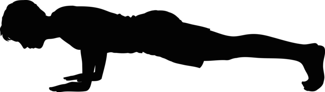 Black silhouette of a person performing a push-up exercise on a white background, highlighting strength and physical