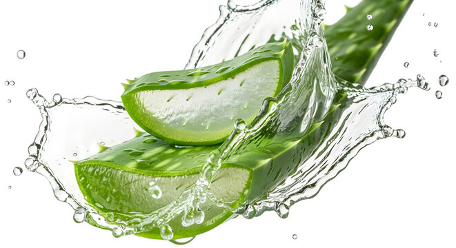 Aloe vera slices isolated on transparent background with water splash