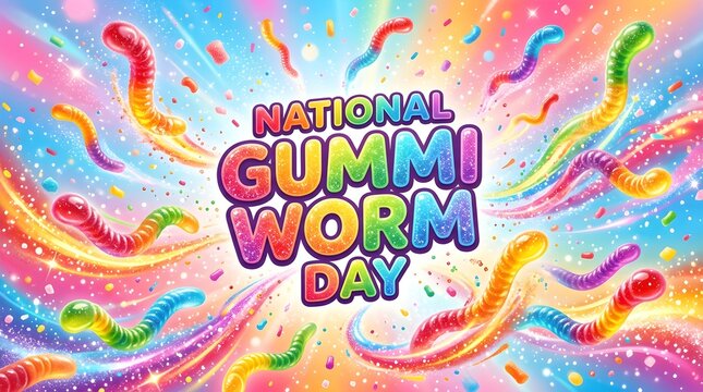 National Gummi Worm Day Dynamic Candy Motion Composition with Typography Flat Vector Illustration