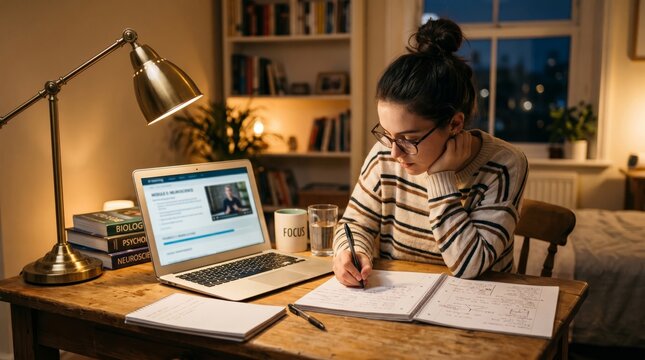 Female Student Doing Homework on Laptop at Home Under Table Lamp in Evening