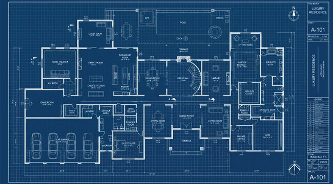 Architectural blueprint of a luxury residential floor plan with garage