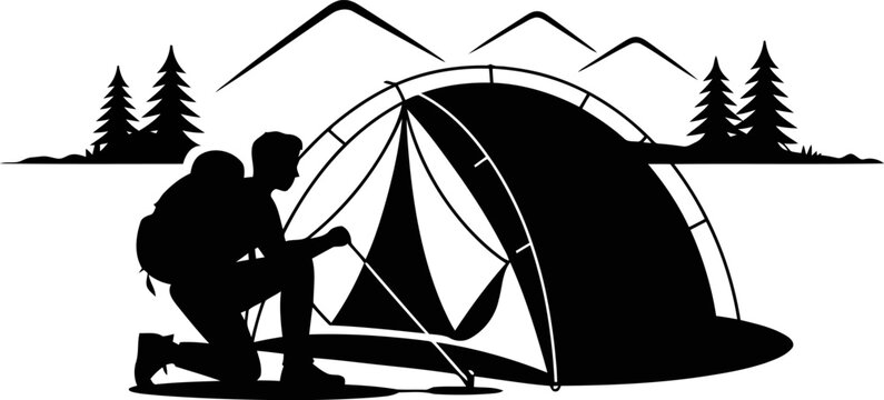 Silhouette of a person with a backpack pitching a tent in a natural setting with mountains.camping, tent