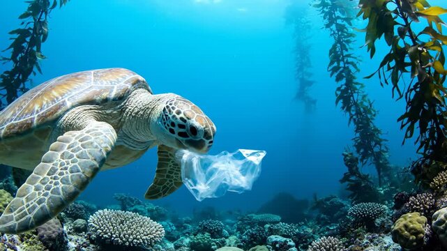 Sea turtle swimming past plastic waste in ocean