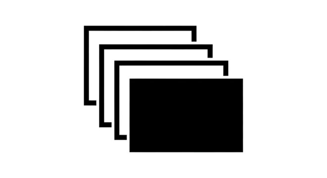 Minimal black silhouette icon, simple flat vector, bold black shape, no, no shading stack of layered rectangular frames or windows icon on a, flat icon style