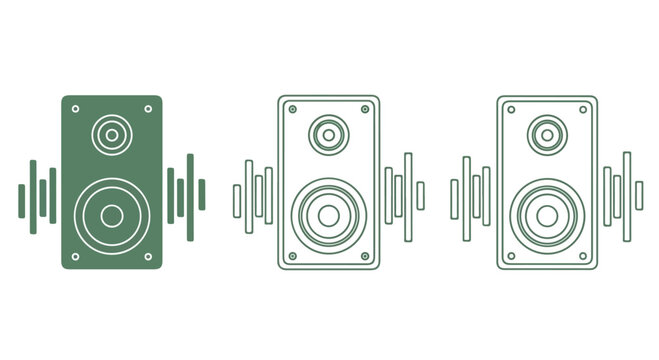 Set of three modern speaker icons in different color styles representing audio equipment and sound technology