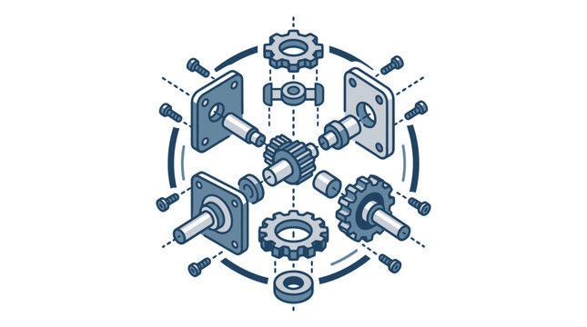Exploded view of mechanical gears and components for industrial machinery.