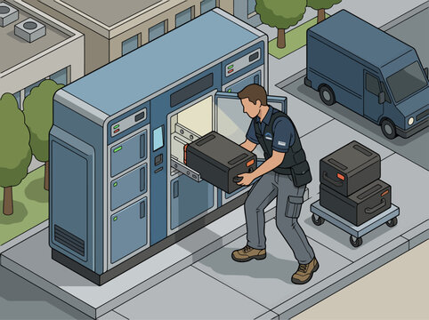 A courier exchanges a battery with a technician using a specialized station. Clear, detailed illustration for business or technical concepts.