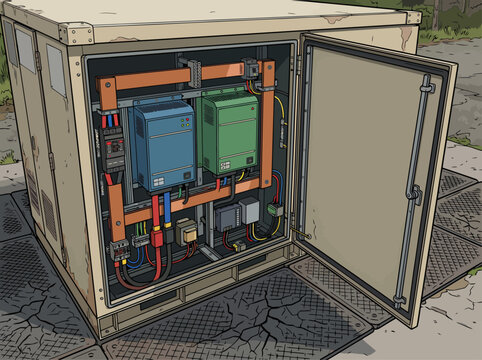 Detailed illustration showcases a power conversion module enclosure with internal electrical systems. Clean, technical, and visually informative, ideal for industrial or energy sector visuals.