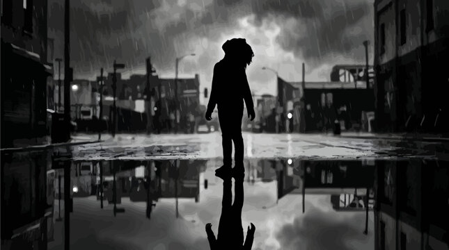 Solitary person silhouette standing on a wet urban city street pavement during a heavy dark downpour storm rain