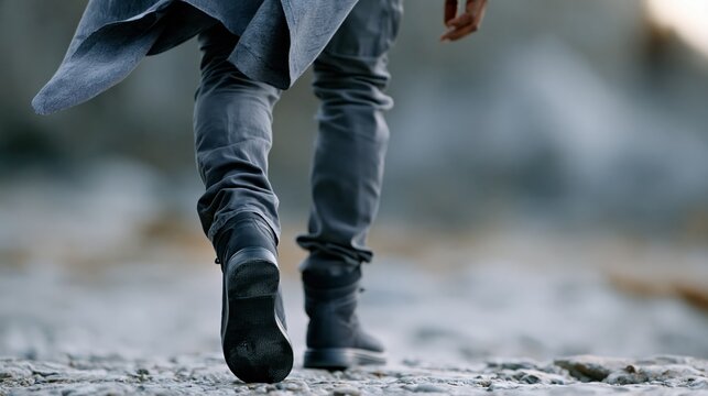 Person walking away on rocky shoreline in cool light