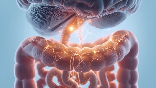 Close up of gut brain connection with glowing neural pathways on intestine background.