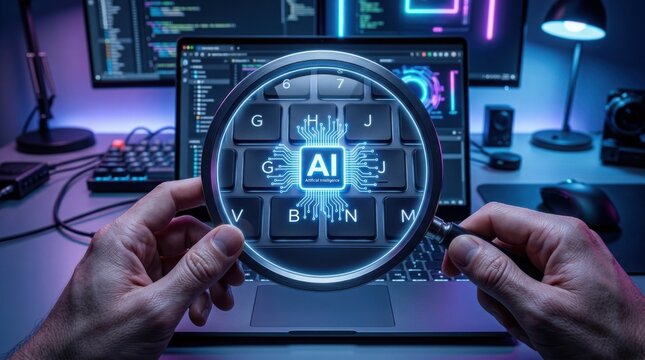 Close-up of hands holding magnifying glass over AI code on laptop screen