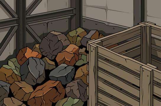 Raw mineral rocks fill a wooden crate within a gritty industrial setting. Textured stone and weathered wood create a compelling visual contrast. Ideal for business or construction themes.