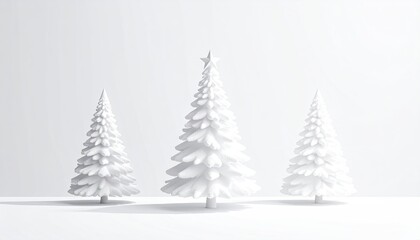 Fototapeta premium Three white stylized Christmas trees against a bright white background in a minimalist scene