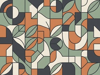 Abstract Geometric Pattern with Minimalist Botanical Shapes and Modern Lines