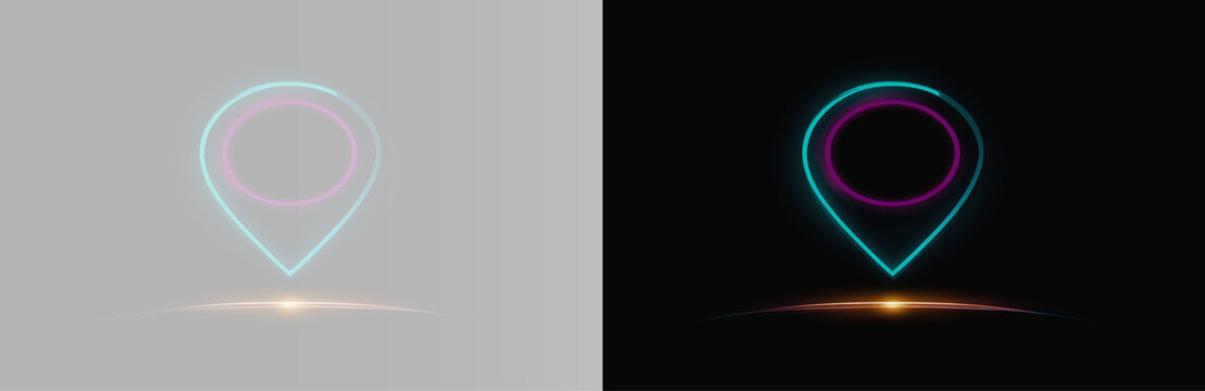 Neon map pointer icon on black and grey background, futuristic glowing pin location design element