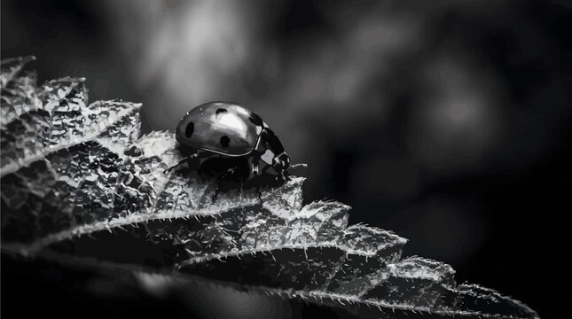 Detailed close up macro shot of a ladybug crawling on a textured autumn leaf edge monochrome photography