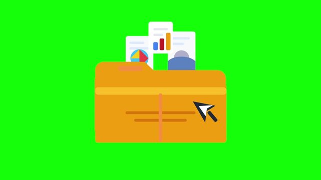 Animated folder opening with data charts blooming on green screen