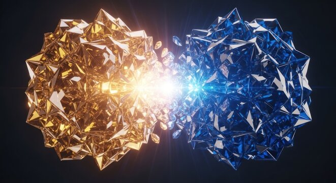 Two colliding crystal spheres gold blue energy creating bright light b