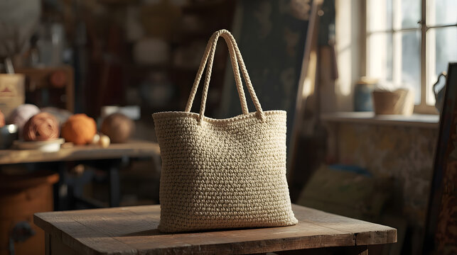 A hand-woven straw tote bag with sturdy handles sits on a rustic wooden table in a warm, sunlit room, showcasing its intricate texture.