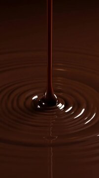 Smooth stream of glossy dark chocolate pouring down continuously, creating expanding ripples and waves on impact with the surface, slow motion, luxurious and rich texture