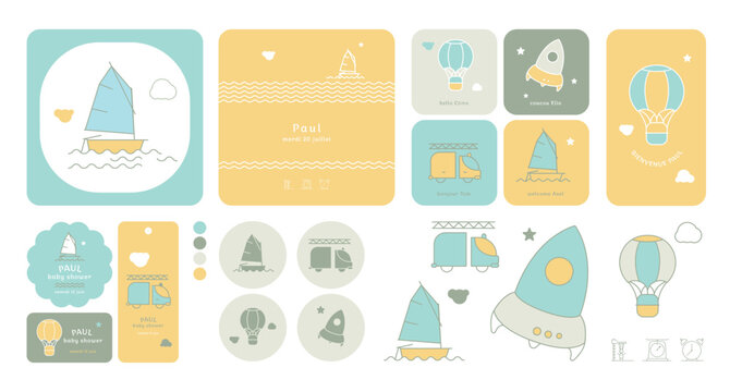 Illustration vectorielle enfantine compos&eacute;e de 4 designs adorables pour faire-part de naissance, invitation baby shower, &eacute;tiquettes, stickers et tampons. Ensemble doux, moderne et pr&ecirc;t &agrave; imprimer.