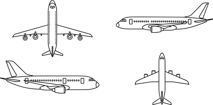 Commercial passenger airplane vector blueprint set containing highly detailed top down views and profile side views on white