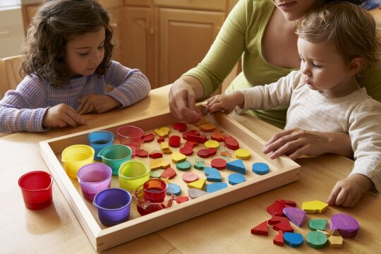 Parent and children playing with colorful geometric shapes and measuring cups at home