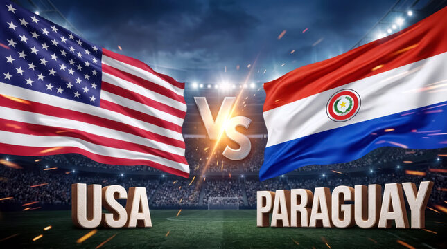 International football match between USA and Paraguay national teams with flags and stadium lights