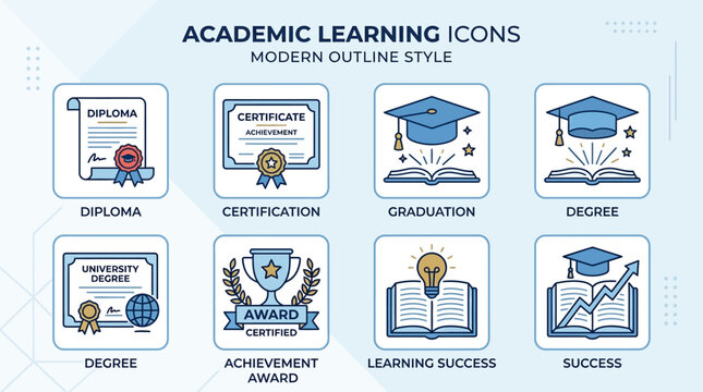 Academic icons for learning success.
