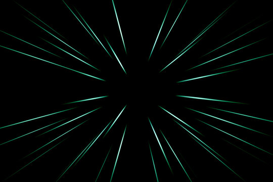 Abstract radial zoom blur background with teal, turquoise and cyan light streaks on black. Dynamic speed lines creating futuristic motion, energy burst and technology concept.