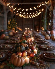 Fototapeta premium Long rustic wooden table decorated with pumpkins, apples, candles, and autumn harvest under barn lights