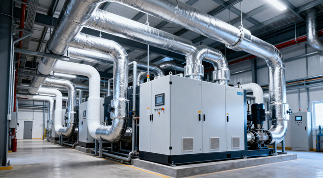 Commercial cooling and heating facility with industrial machinery