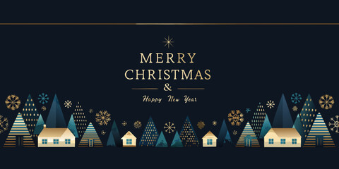 Winter village and christmas greeting dark blue vector illustration © Uttam