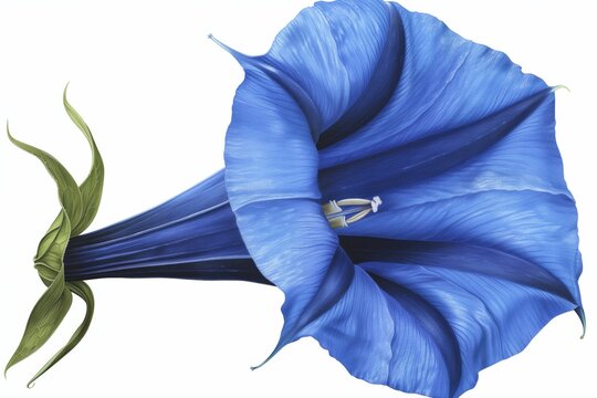 Blue trumpet flower isolated on white background with green stem