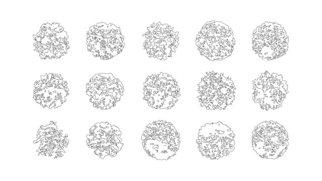 Landscape architecture tree top view symbols set in minimalist continuous line drawing style.