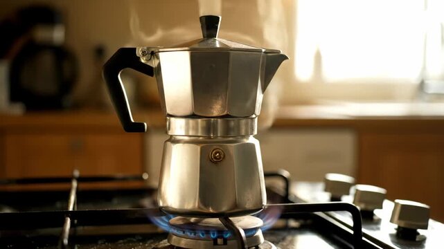Stovetop espresso maker boiling on gas flame