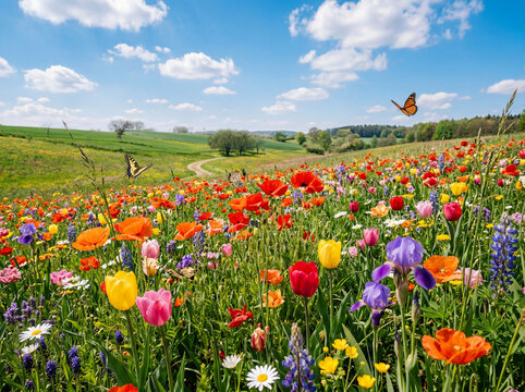 Colorful spring meadow with a variety of wildflowers and butterflies