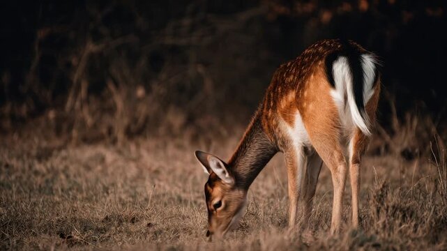 A deer with brown fur, white patch, and black tail, grazes in a field, head lowered