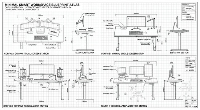 Minimal smart workspace blueprint atlas featuring multiple desk configurations for different professional setups